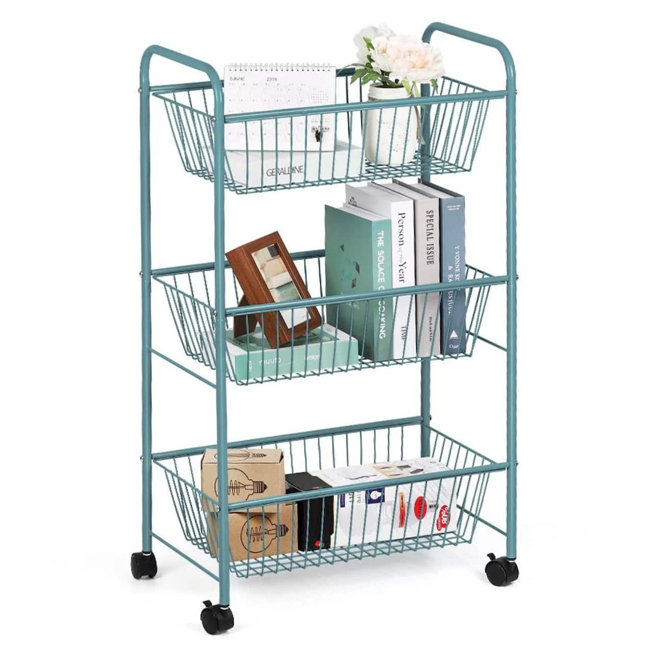 NEX™ Blue Large 3-Tier Rolling Basket Stand with Shelves & Wheels